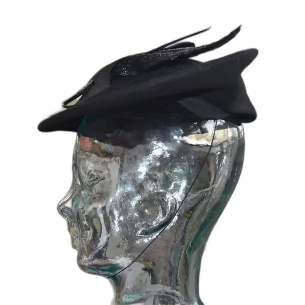 Vintage 1940s Glenover Henry Pollak Black Wool Tilt Hat Leaves Hatpins